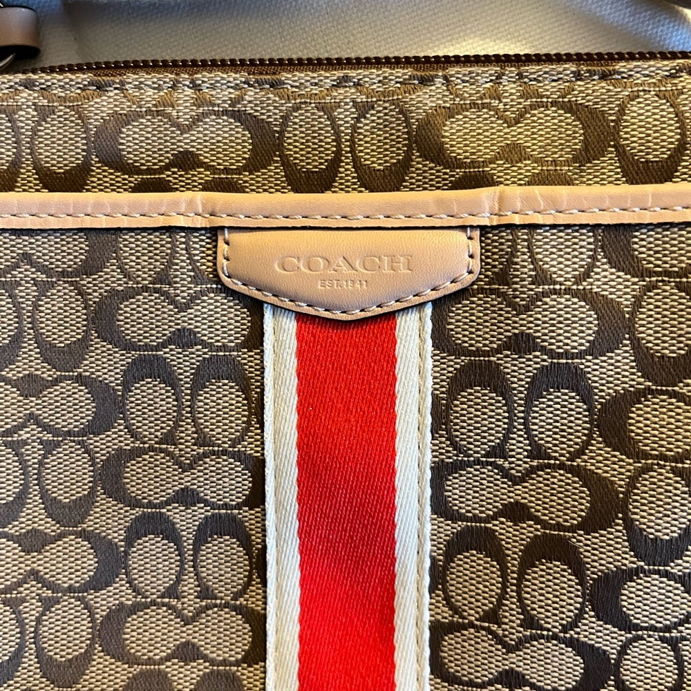 Coach EUC Tan and Brown Jacquard Signature crossbody Bag with Red stripe 9x8 - Picture 2 of 7